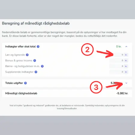 Tabel med indtægter og udgifter, der kan redigeres ved at klikke på de korresponderende felter