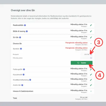 Tabel med oversigt over lån