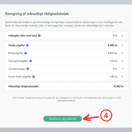Grøn knap, der skal klikkes for at afslutte monthio flowet
